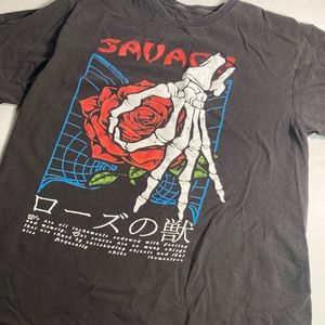 Savage the young & wild red rose skeleton hand t shirt large